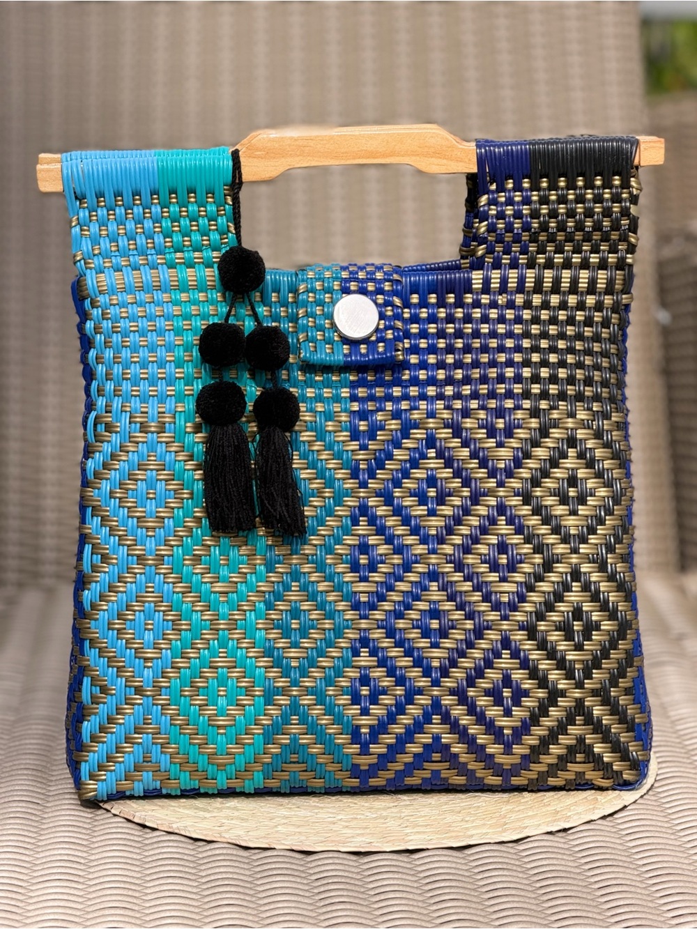 Woven Geometric Tote Bag in Teal & Navy